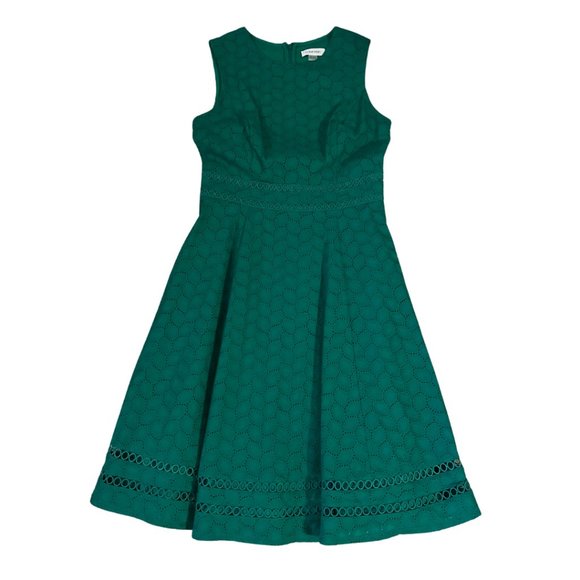 Calvin Klein Leaf Pattern Eyelet Fit & Flare Dress โข Size 2 โข Emerald Green - Picture 2 of 4